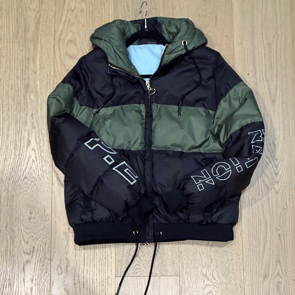 P.E Nation Black and Olive Green Striped Puffer Jacket with Hood